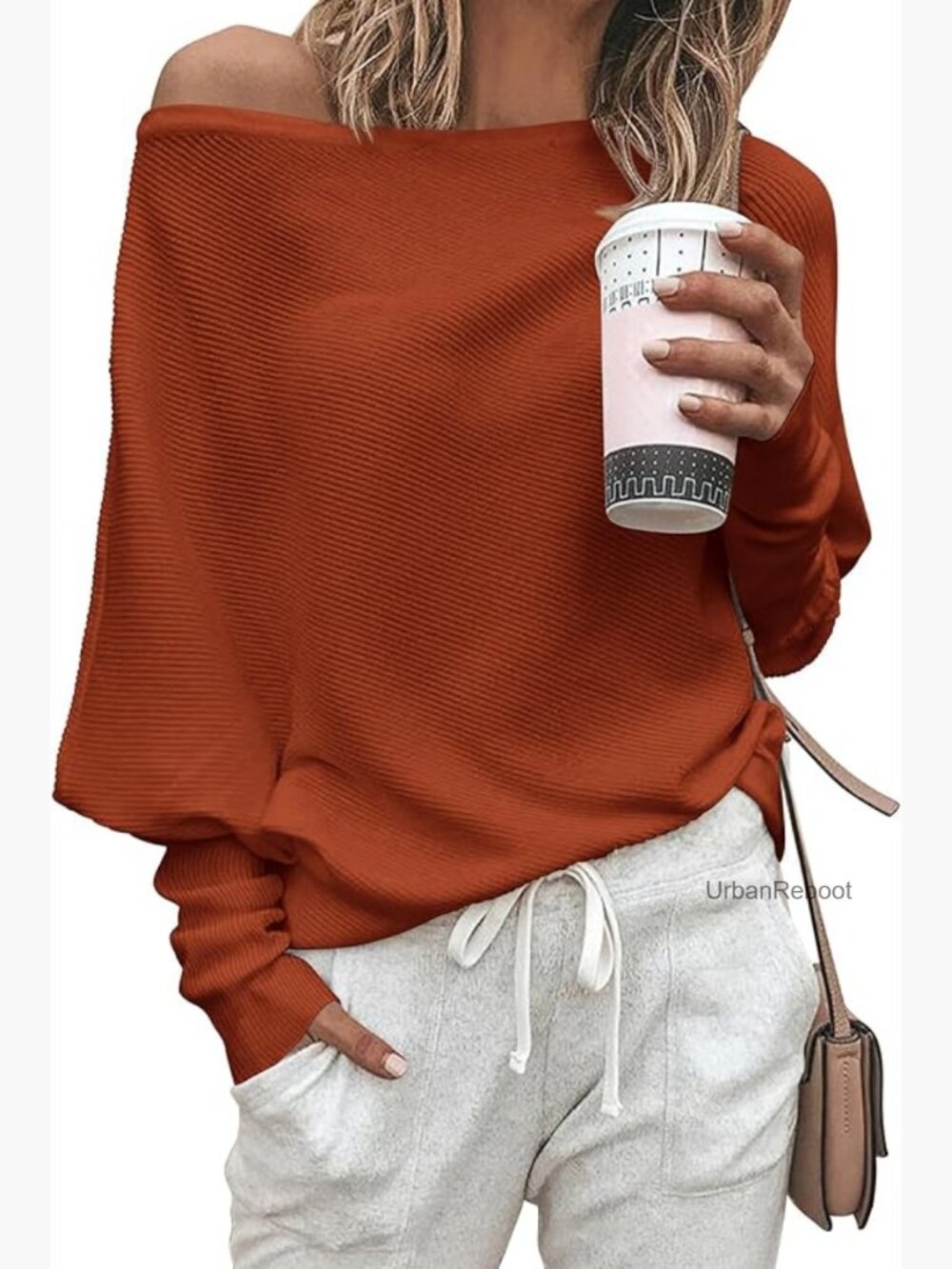 Off Shoulder Batwing Sleeve Ribbed Knit Pullover Sweater for Women